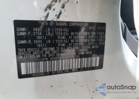 2023 Subaru Outback Touring z USA, uszkodzony, nr VIN 4S4BTAPC5P3172793